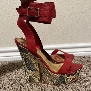 Red Strappy Snake Wedge Sandals